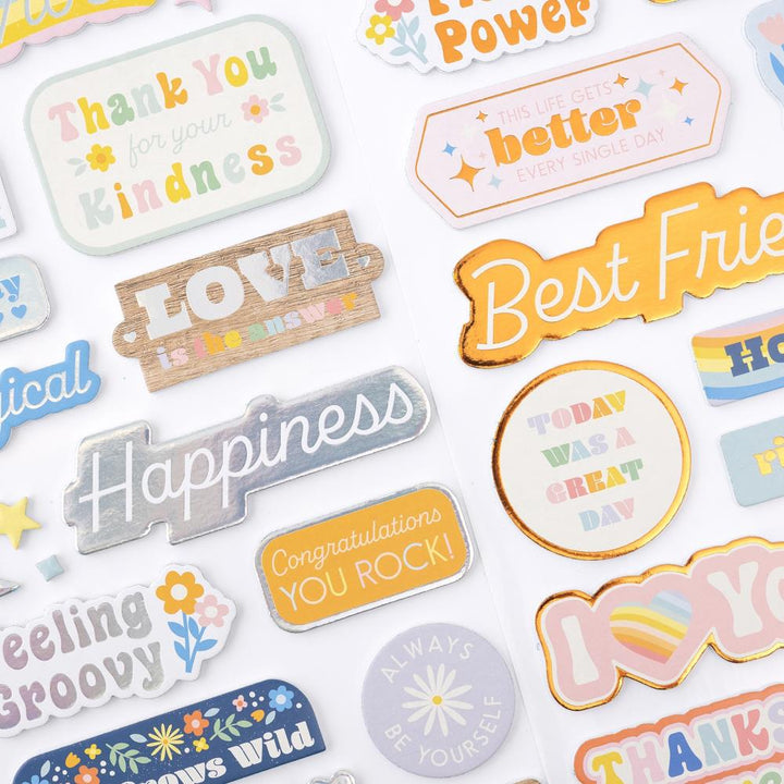 Jen Hadfield Flower Child Thickers Stickers: Phrase W/Silver Holographic Foil, 47/Pkg (JH014152)