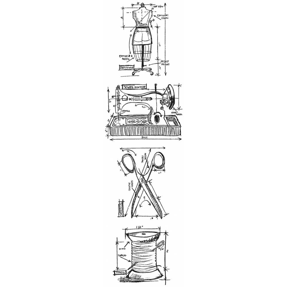 Tim Holtz Mini Blueprints Strip 3"x10" Cling Stamps: Sewing (MB7)