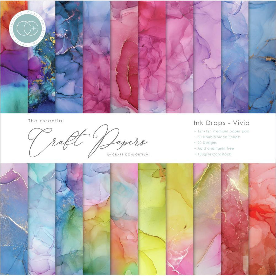 Craft Consortium 12"x12" Double Sided Paper Pad: Ink Drops Vivid (CCPAD013)-Only One Life Creations