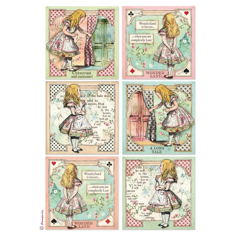 Stamperia Alice Rice Paper Sheet: Alice Cards (DFSA4382)-Only One Life Creations