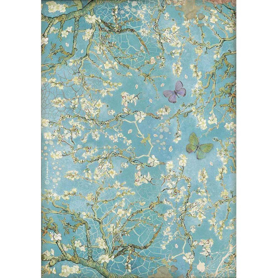 Stamperia Atelier des Arts Rice Paper Sheet: Blossom Blue Background with Butterfly (DFSA4546)-Only One Life Creations